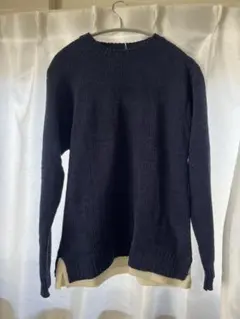 未着の為プレゼントにもネイビー リブ編み クルーネックセーター メンズMサイズ