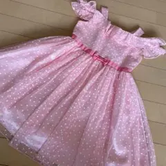ピンク チュールドレスドット柄 フリル袖 フォーマルドレス　発表会　入学式120