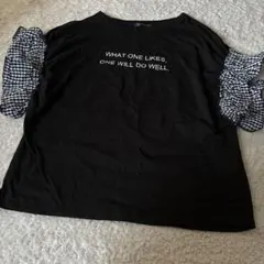 フリル袖　黒Tシャツ　ギンガムチェック　ギャザー　Mサイズ　chip clip
