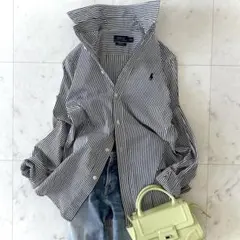 美品 ポロラルフローレン コットンストライプシャツ ブラック×ホワイト 刺繍