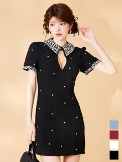 パール装飾付きブラックタイトドレス