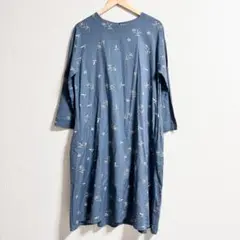 花柄プリント　綿　麻　長袖　ロングワンピース　M〜L ブルー