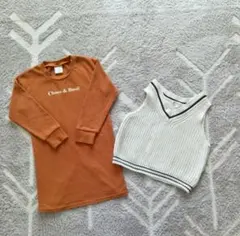 深オレンジとホワイトベスト長袖カットソー2点セット