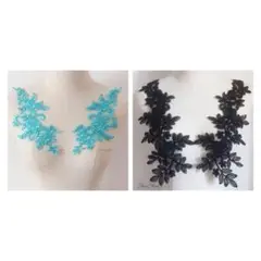 左右対称ペア ターコイズブルー ブラックコードお花刺繍モチーフレースペア