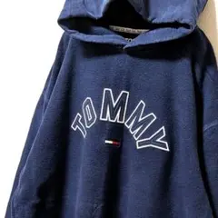 トミージーンズ ロゴ刺繍 フリース パーカー ネイビー紺色 L 古着