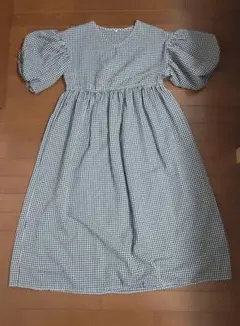 チェック柄 パフスリーブ ロングワンピース M
