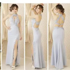 Angel Rフラワー刺繍レース＆ビジューホルターネックスリットロングドレス