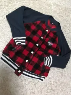 130黒赤チェックボアフリースジャケット長袖スタジャンパー女児