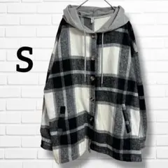 フード付きチェックシャツ 【S】ネルシャツ モノトーン カジュアル 長袖 羽織り