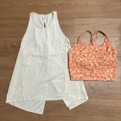 SUKALA ヨガウェアトップス。ホワイトタンクトップ＆オレンジブラトップセット