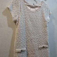 美品【最終処分】スパンコール入オフピンク半袖ワンピース