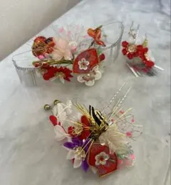 七五三 髪飾り3点セット 赤 ピンク