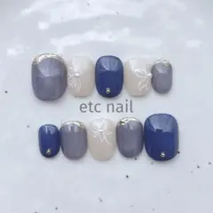 No.482ベリーショート　ネイルチップ　ブルー　パープル　お花　マグ　冬ネイル