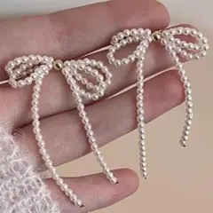 リボン 蝶結び 蝶々 パール 大ぶり ピアス ホワイト S925 樹脂キャッチ付