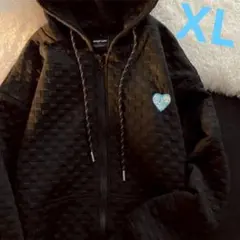 お値下げ【ジップアップパーカーXL】ブラック　ワッフルチェック　着やせ効果