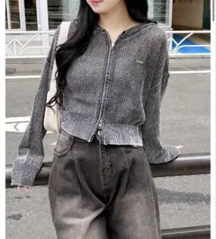 INGNI メッシュ ニット パーカー 羽織 グレー 黒 カーディガン 長袖