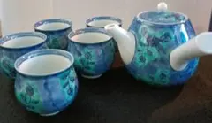 【源右衛門窯】青彩菊絵茶器揃　急須　湯呑５客セット　有田焼