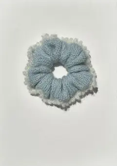 【ハンドメイド】手編みニットシュシュ 輪針編み ボリューム⭕️ 水色 匿名配送