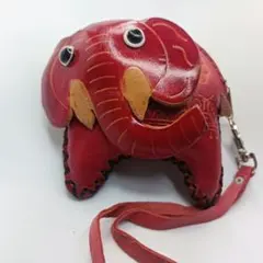 レザー製 赤色 象型コインケース ミニポーチ 象さん ハンドメイド 小銭入れ