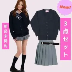 L 制服用ベルト　セーター　プリーツスカート　3点セット　グレー　紺色