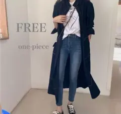 紺　シャツワンピース　羽織　ロングワンピース　ウエストベルト　エレガント　海外