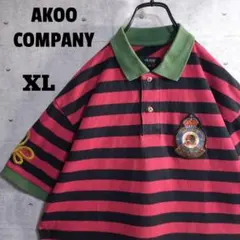 個性派古着★AKOO 襟切替 ワッペン付き ボーダー 半袖 ポロシャツ XLのサムネイル