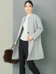 【UNTITLED】カシミヤ混ノーカラーコート ライトグレー