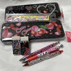 平成　レトロ　ファンシー　黒×ピンク缶ペン　シャーペン　ボールペン　おまとめ売り