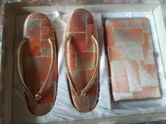金色と橙色の色々な和風柄 レディース 草履とバッグのセット