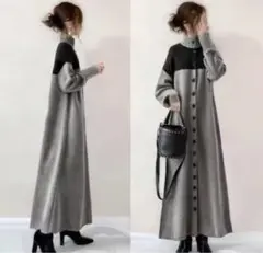 ドッキング　バイカラー　ワンピース　マキシ丈　長袖　リブ　フロントボタン　切替え