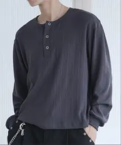 adoon plainスナップボタンヘンリーネックロングスリーブチャコールグレー