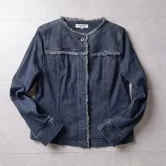 【Y2K】ノーカラー デニムジャケット フリンジ 短丈 インディゴ M レトロ