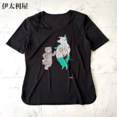 伊太利屋 Tシャツ カットソー 猫 ブタ アニマル柄 ラインストーン 11 黒のサムネイル