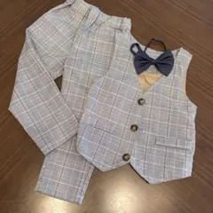 キッズ　フォーマルスーツ チェック柄 蝶ネクタイ付き　90cm