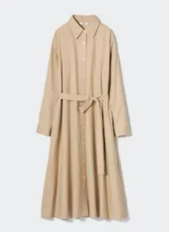 ユニクロ　ベージュ　L　コットンAラインシャツワンピース（長袖・標準丈）