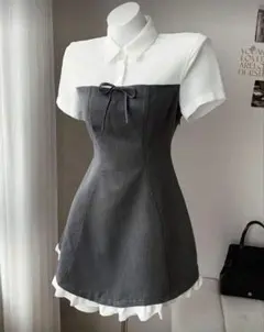 SHEIN 半袖ボウ装飾ミニシャツワンピース