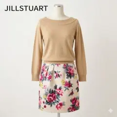 ジルスチュアート 花柄ドッキングワンピース ひざ丈 S ベージュ 長袖