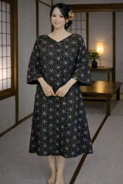 GW限定割引中！着物リメイクワンピース　紬　新品　反物　麻の葉　ゆったり