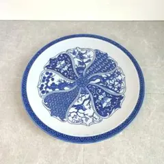 31cm【美品】高級陶器 青白染付 伝統文様 縁起柄 大皿 飾り皿 プレート