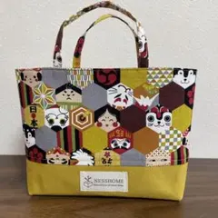 ハンドメイド　ミニトートバッグ　六角形　和柄　からし