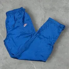 90sNIKE銀タグナイロントラックパンツMネイビーワンポイント刺繍ロゴ裏地付き