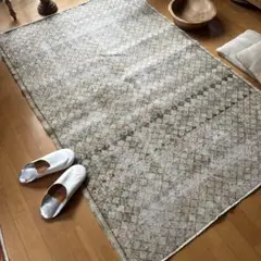 113.5×174 格子模様　擦れシャビー　トルコヴィンテージラグ