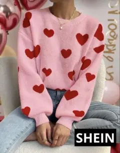 SHEIN プルオーバー長袖セーター ニット　ピンク　ハート柄