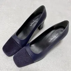 美品！銀座かねまつ ローヒールパンプス スウェード　紺　フォーマル 23cm