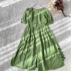 COUNTRY Line リネンロングワンピース（42）黄緑色　パフスリーブ