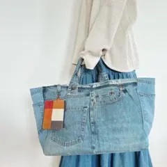 ハンドメイド　デニムリメイク　大きめ多収納トートバッグ