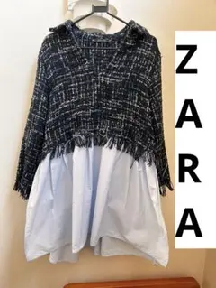 L★ZARA ツイード　ドッキング　シャツ　コントラスト生地　長袖　ブルー　青
