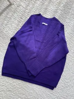 美品★ショコラフィネ　Vネックニットセーター 長袖　紫/パープル/F