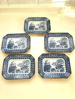 【昭和レトロ】青白い花柄 八角形皿 5枚セット