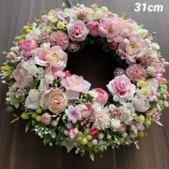 桃色ローズの春色いっぱいフラワーリース＊アーティフィシャルフラワー＊玄関リース